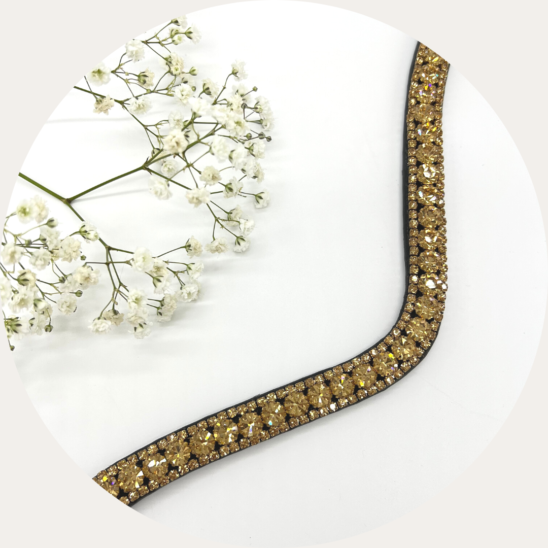 BRIDLERY Stirnriemen Golden Glamour – Mit STELLUX™-Steinchen, In Braun, Größe Vollblut