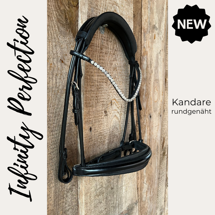 Die Kandare INFINITY PERFECTION ist rundgenäht und mit einem schwedischen Reithalfter ausgestattet. Abgerundete Schnallen  sowie ein Stirnriemen mit bezaubernd funkelnden 8mm Crystal Chatons und Quick-Change-Verschluss zum blitzschnellen Wechseln.