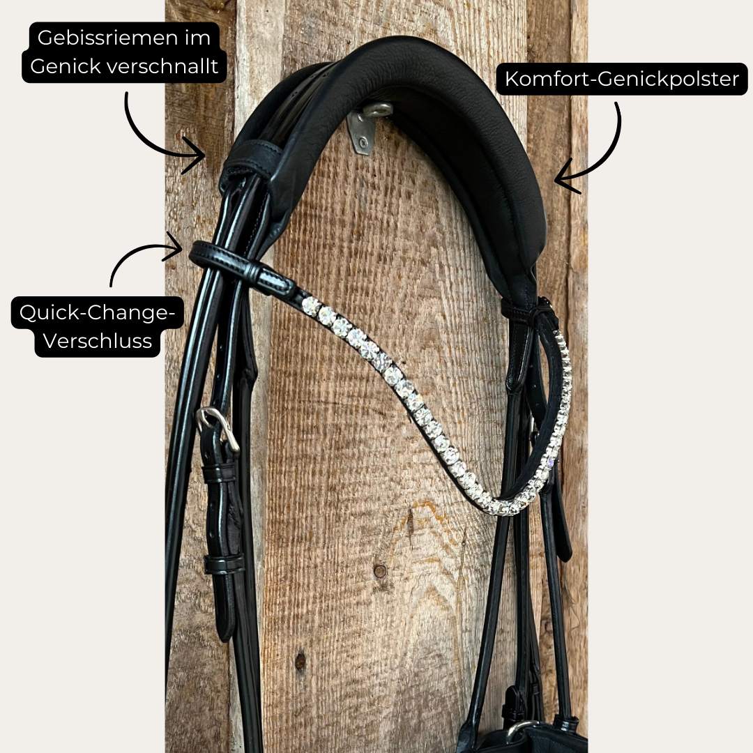 Rundgenähte Kandare aus schwarzem Leder. Komfort-Genickpolster, Verschnallung vom Gebissriemen im Genick und Stirnriemen mit Quick-Change-Verschluss. Klare, geschliffene Glassteine der Marke Preciosa am Stirnriemen.
